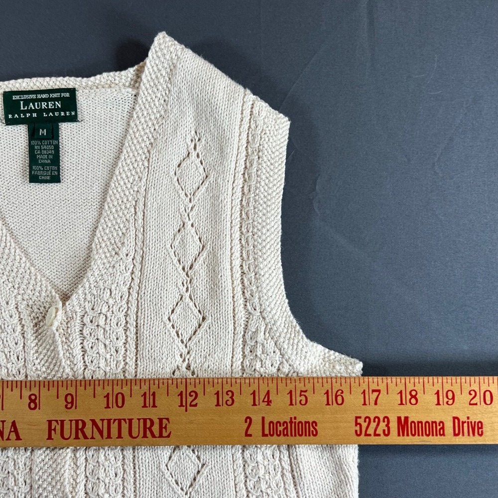 Lauren Ralph Lauren Hand Knit Cotton Sweater Vest Cream Cable Knit Button Up M - Picture 4 of 7